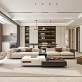 Spacious Modern Living Room With Beige Sofa Brown Chair Coffee Table Pendant Light And Artwork