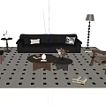 Modern Living Room Black Leather Sofa Coffee Table Set With Patterned Rug And Floor Lamp