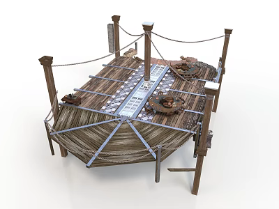 Decorative Wooden Platform With Posts Ropes And Dishes On Wooden Floor 3d model
