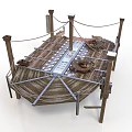 Decorative Wooden Platform With Posts Ropes And Dishes On Wooden Floor