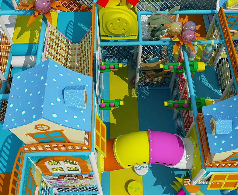 Colorful Indoor Playground Equipment With House Shaped Structures Slides And Safety Fences 3d model 