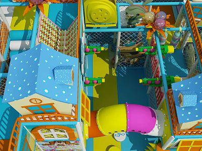 Colorful Indoor Playground Equipment With House Shaped Structures Slides And Safety Fences 3d model