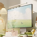 Modern Home Office Desk and Chair Set with Computer Monitor Keyboard Headphones and Green Plants