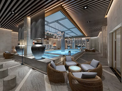 Modern Swimming Pool Interior Design With Rattan Lounge Seats And Skylight 3d model