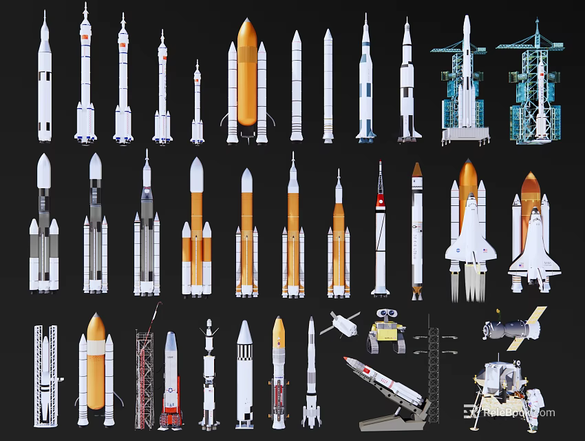 Various Space Rockets Shuttles Satellites and Launch Vehicles 3d model