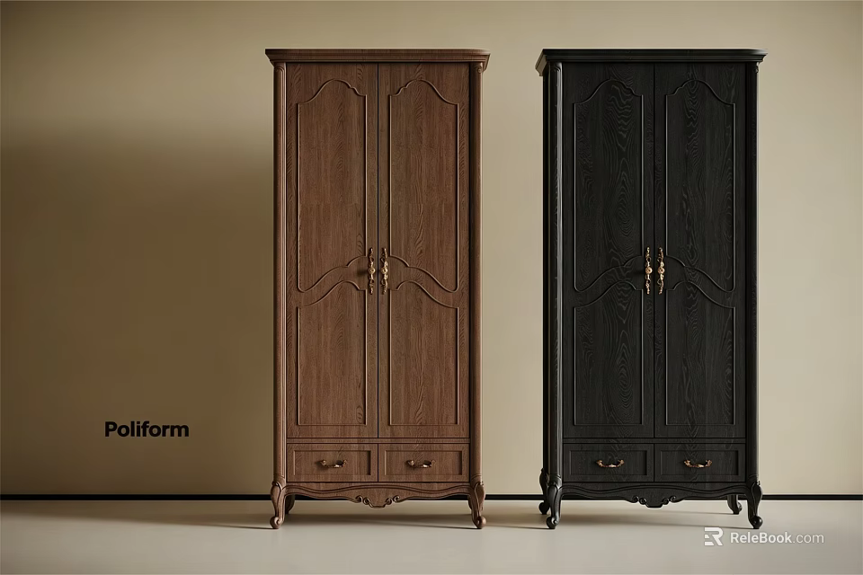 Classic Poliform Wardrobe With Brown And Black Finish Carved Details And Bottom Drawers 3d model 