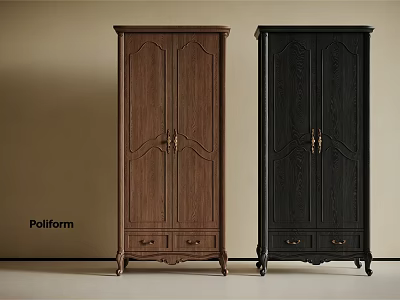 Classic Poliform Wardrobe With Brown And Black Finish Carved Details And Bottom Drawers 3d model