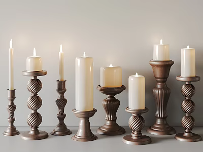 Multiple Stylish Candle Lamps With White Candles And Bronze Bases In Different Designs 3d model
