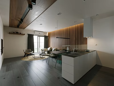 Modern Living And Dining Room Interior With Wooden Wall Panels White Cabinets And Dark Flooring 3d model