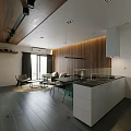 Modern Living And Dining Room Interior With Wooden Wall Panels White Cabinets And Dark Flooring