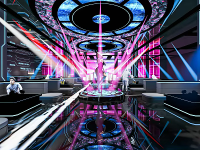 Futuristic Hi Tech Bar Interior With Pink Blue Neon Lights Stage Mirrored Floors And Seats 3d model