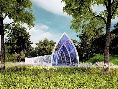 Modern Arched Pergola Design With Glass Elements Among Green Trees And Grass 3d model