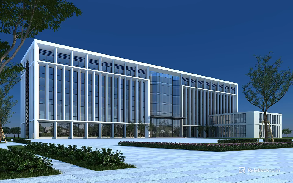 Modern Office Building With Glass Curtain Walls Landscaped Gardens And Spacious Plaza Under Blue Sky 3d model 