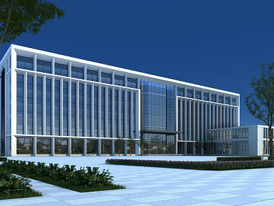 Modern Office Building With Glass Curtain Walls Landscaped Gardens And Spacious Plaza Under Blue Sky 3d model