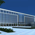 Modern Office Building With Glass Curtain Walls Landscaped Gardens And Spacious Plaza Under Blue Sky