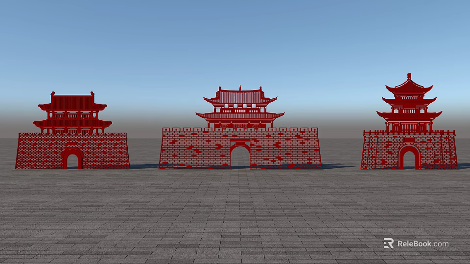 Traditional Chinese Architectural Elements Featuring Red Gate Towers Overhanging Eaves City Walls And Arched Gateways 3d model 