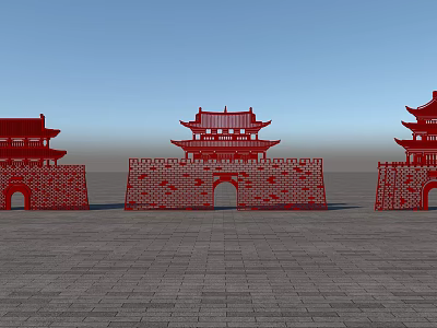 Traditional Chinese Architectural Elements Featuring Red Gate Towers Overhanging Eaves City Walls And Arched Gateways 3d model