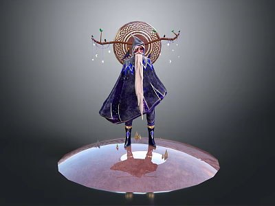 Decorative Character Figurine With Antler Headdress Long Hair Dark Cloak And Circular Base 3d model