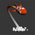 Red and White Checkered Rocket With Jet Flame And White Smoke On Black Background