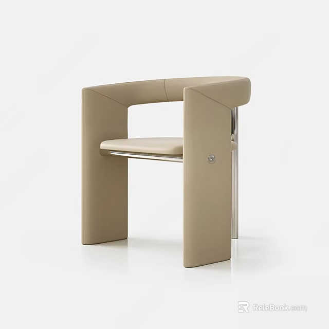 Modern Beige Leather Dining Chair With Armrests And Metal Legs 3d model 