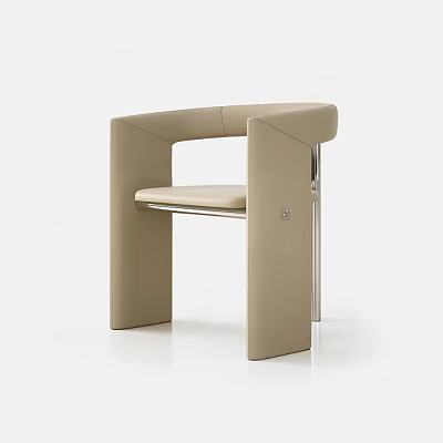 Modern Beige Leather Dining Chair With Armrests And Metal Legs 3d model
