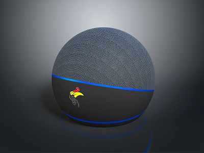 Modern Spherical Smart Speaker With Gray Mesh Surface Blue Light Ring And Yellow Cartoon Logo 3d model