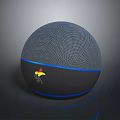 Modern Spherical Smart Speaker With Gray Mesh Surface Blue Light Ring And Yellow Cartoon Logo