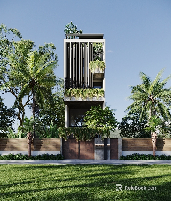 Modern Detached Villa With Vertical Louvers Greenery Palm Trees And Wooden Gate 3d model 