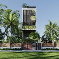 Modern Detached Villa With Vertical Louvers Greenery Palm Trees And Wooden Gate