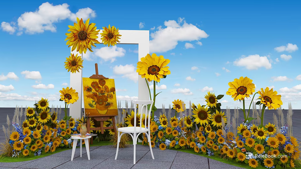 Floral Display With Sunflowers White Frame Easel And White Chair Under Blue Sky 3d model 
