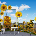 Floral Display With Sunflowers White Frame Easel And White Chair Under Blue Sky