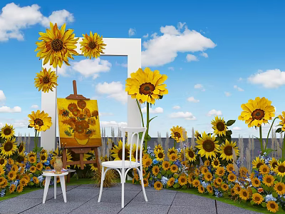 Floral Display With Sunflowers White Frame Easel And White Chair Under Blue Sky 3d model