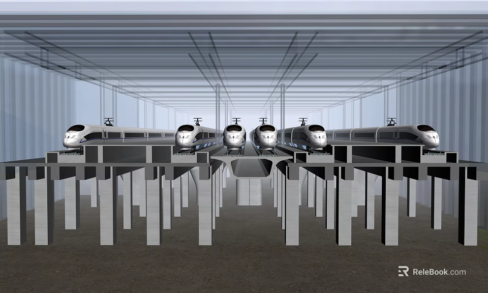 Modern Train Station With High Speed Trains On Platforms And Metal Roof Structure 3d model 
