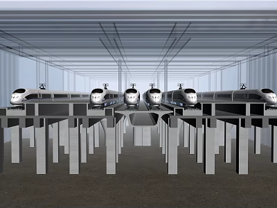 Modern Train Station With High Speed Trains On Platforms And Metal Roof Structure 3d model