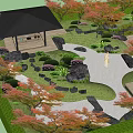 Traditional Karesansui Garden With Raked Sand Stones Maple Trees And Gazebo