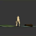 White Fox Standing In Green Grass Area With Small Bushes And Wooden Log