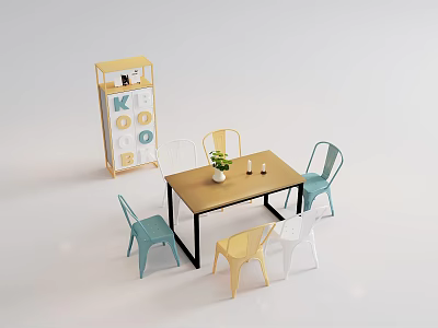 Colorful Dining Chairs Around Wooden Dining Table With Vase And Bookshelf In Modern Room 3d model