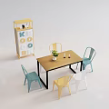Colorful Dining Chairs Around Wooden Dining Table With Vase And Bookshelf In Modern Room