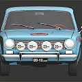Blue Vintage LADA Race Car Model With Round Headlights And Number 18 Decal And Sponsor Stickers