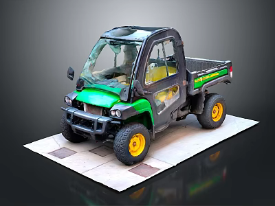Green And Black Utility Vehicle With Cargo Bed Yellow Wheels On White Platform 3d model