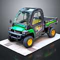 Green And Black Utility Vehicle With Cargo Bed Yellow Wheels On White Platform