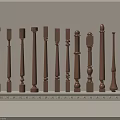 Various Wooden Decorative Balusters with Different Designs Arranged On Shelf 3d model