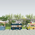 Vibrant Food Trucks For Outdoor Dining With Green Trees And Patio Seating
