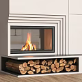 Modern Fireplace With Glass Door And Burning Flames And Wood Storage Area
