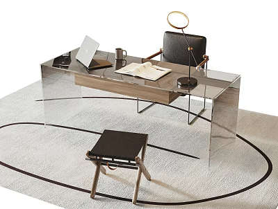 Modern Glass Desk With Laptop Mug Open Notebook Desk Lamp Chair On Rug 3d model