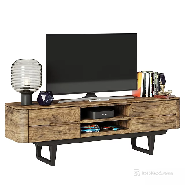 Wooden TV Stand With Flat Screen TV Lamp Books And Decorative Items 3d model 