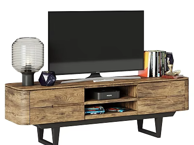 Wooden TV Stand With Flat Screen TV Lamp Books And Decorative Items 3d model