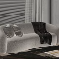 Beige Fluffy Two-Seater Sofa with Cushions Patterned Blanket Window Blinds and Floor Lamp