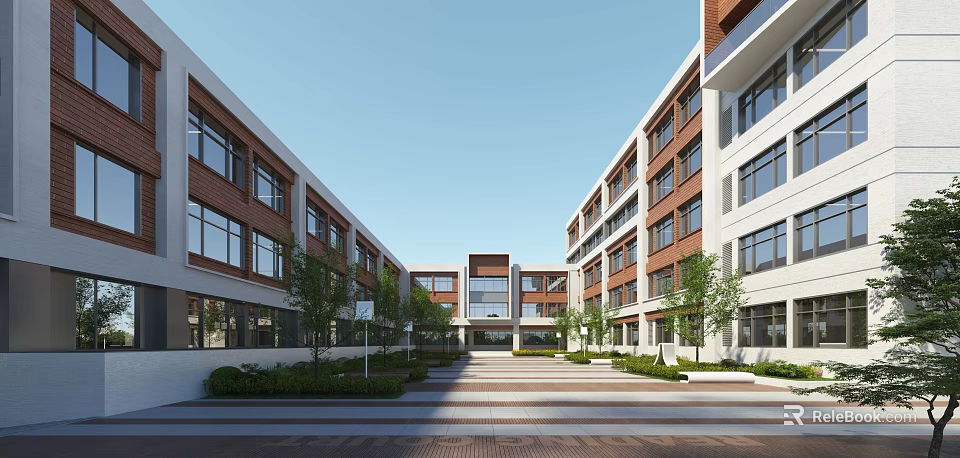 Modern School Building Exterior With Courtyard Walkway Green Plants And White Brick Facade 3d model 