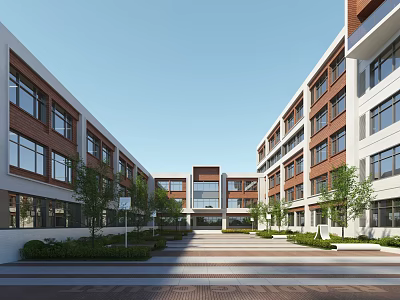 Modern School Building Exterior With Courtyard Walkway Green Plants And White Brick Facade 3d model